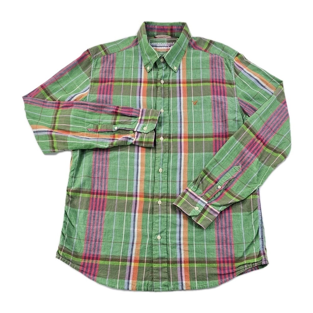 American Eagle Men's Madras Plaid Button Up L Green Red Orange Vintage Fit Shirt